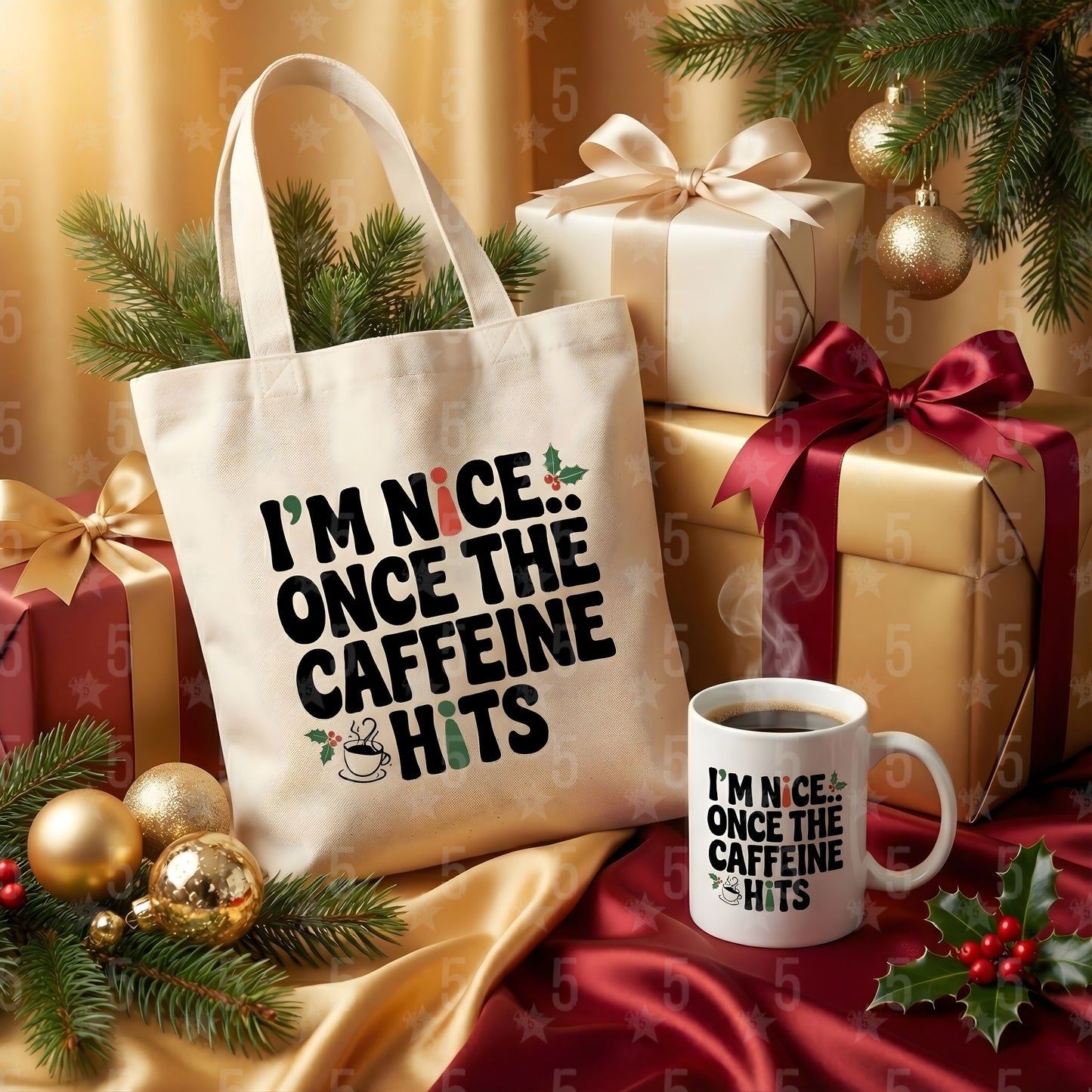 Tote bag and mug with Christmas-themed text in front of gift boxes and decorations.