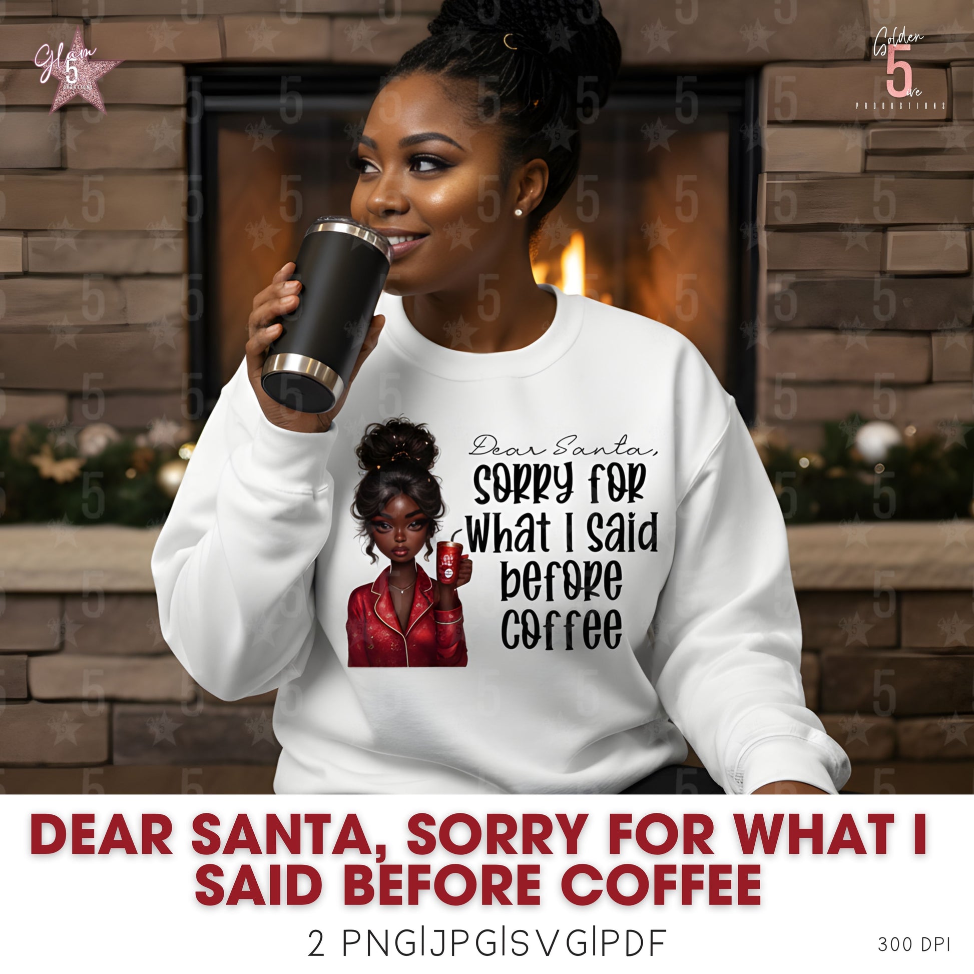 Person wearing a sweatshirt with a graphic and text, holding a coffee cup in front of a fireplace.
