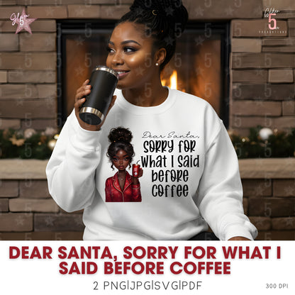 Person wearing a sweatshirt with a graphic and text, holding a coffee cup in front of a fireplace.