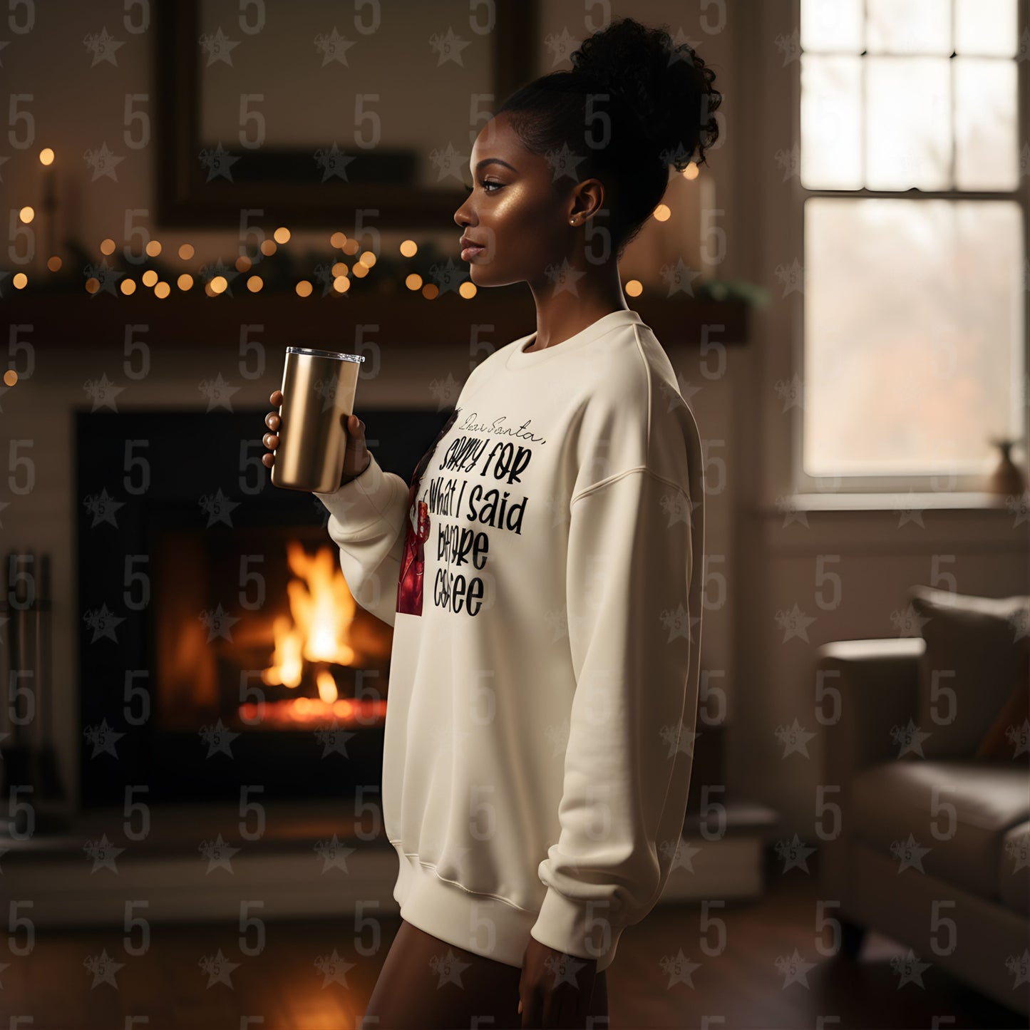 Woman holding a mug in a cozy living room with a fireplace.