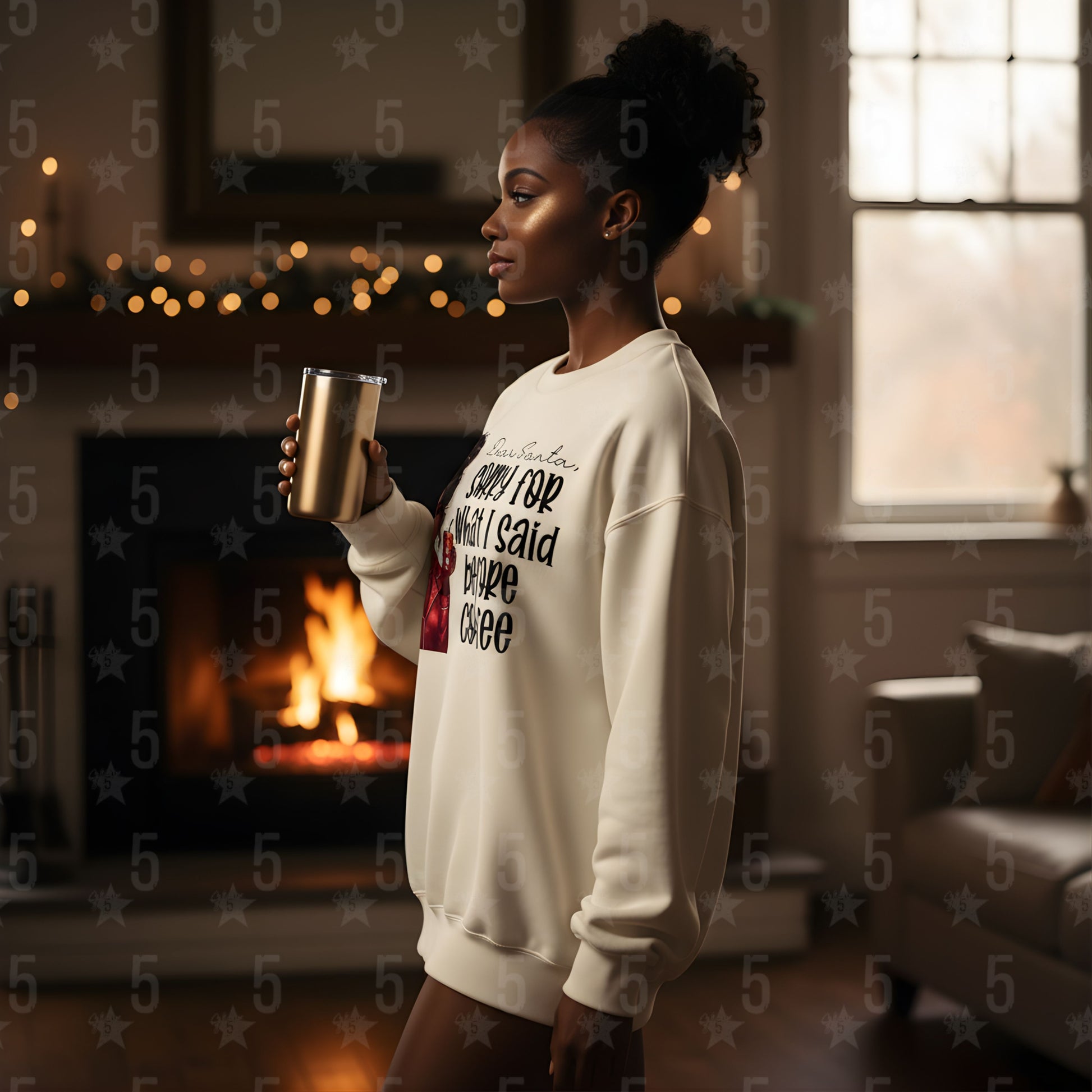 Woman holding a mug in a cozy living room with a fireplace.