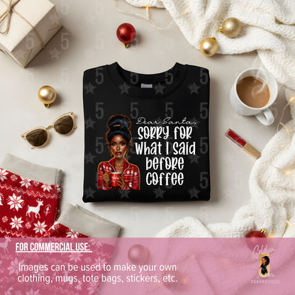 Black sweatshirt with a graphic and text on a festive background with coffee and decorations.