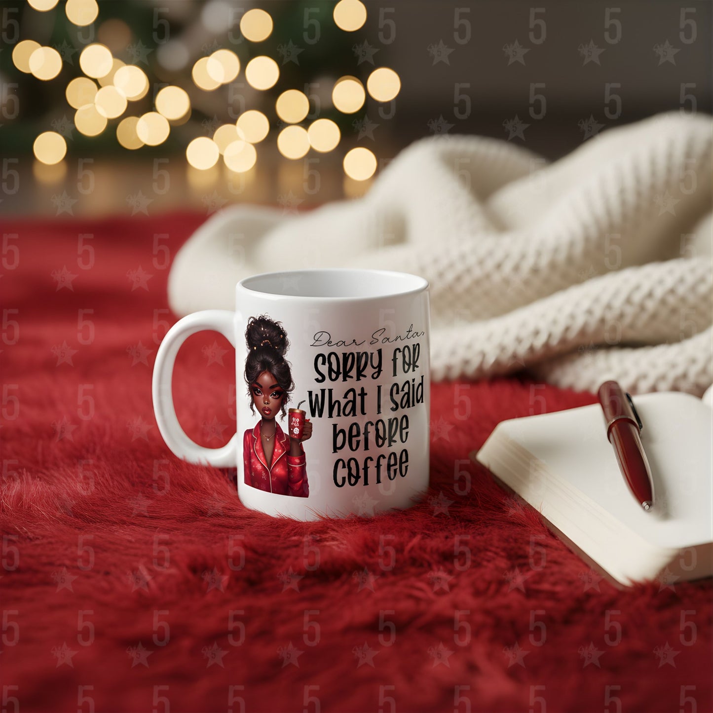 White mug with a graphic and text on a red surface with blurred lights in the background