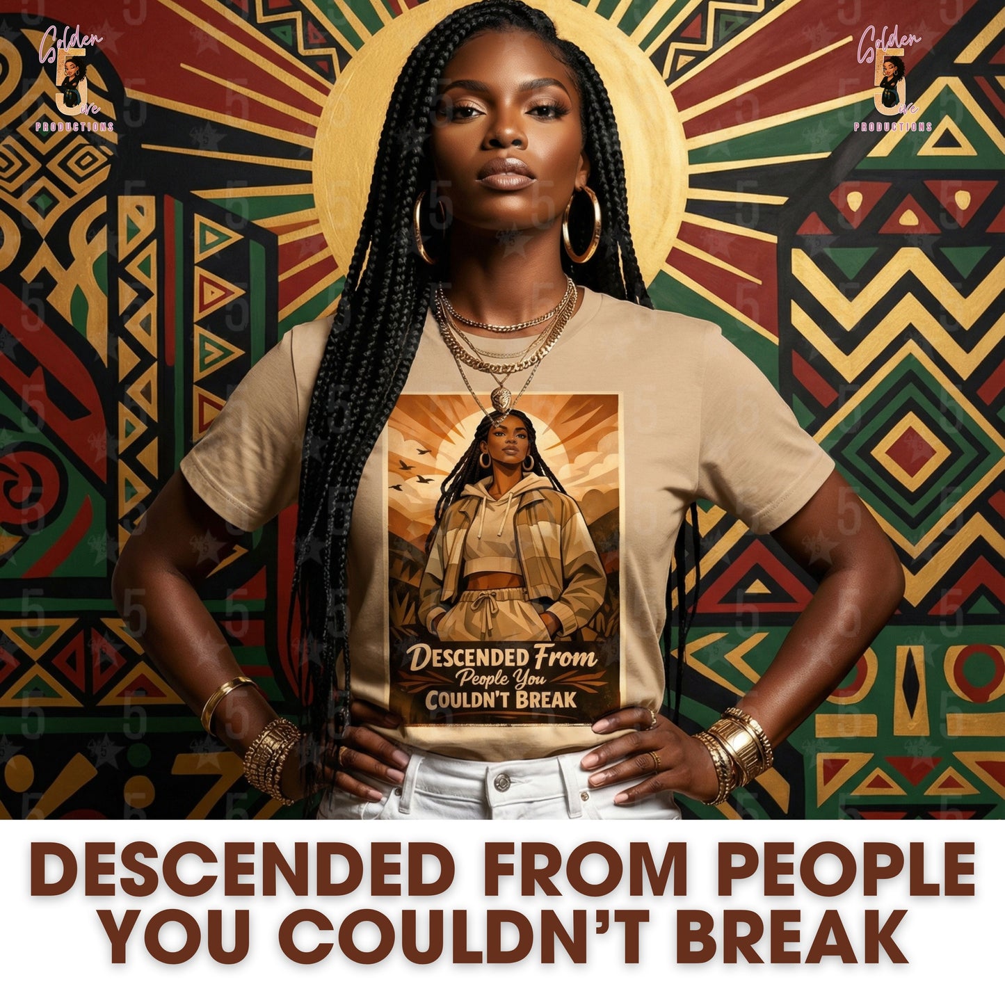 black woman wearing a sand dune colored t-shirt representing black history month