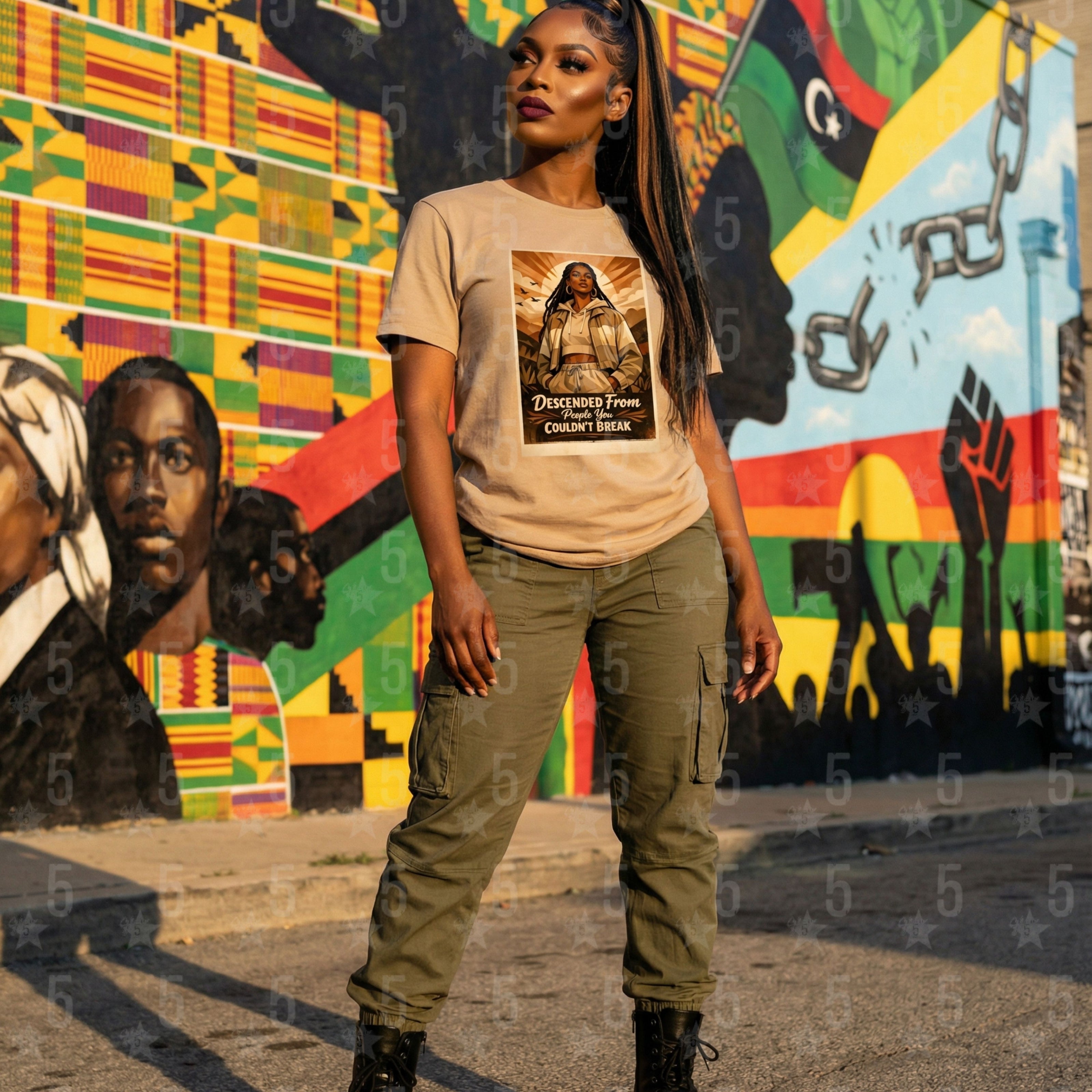 Woman wearing a beige t-shirt with a graphic design in front of a colorful mural.