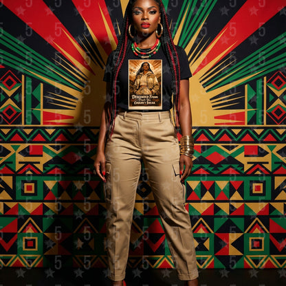 Woman wearing a t-shirt with a graphic design against a geometric patterned background