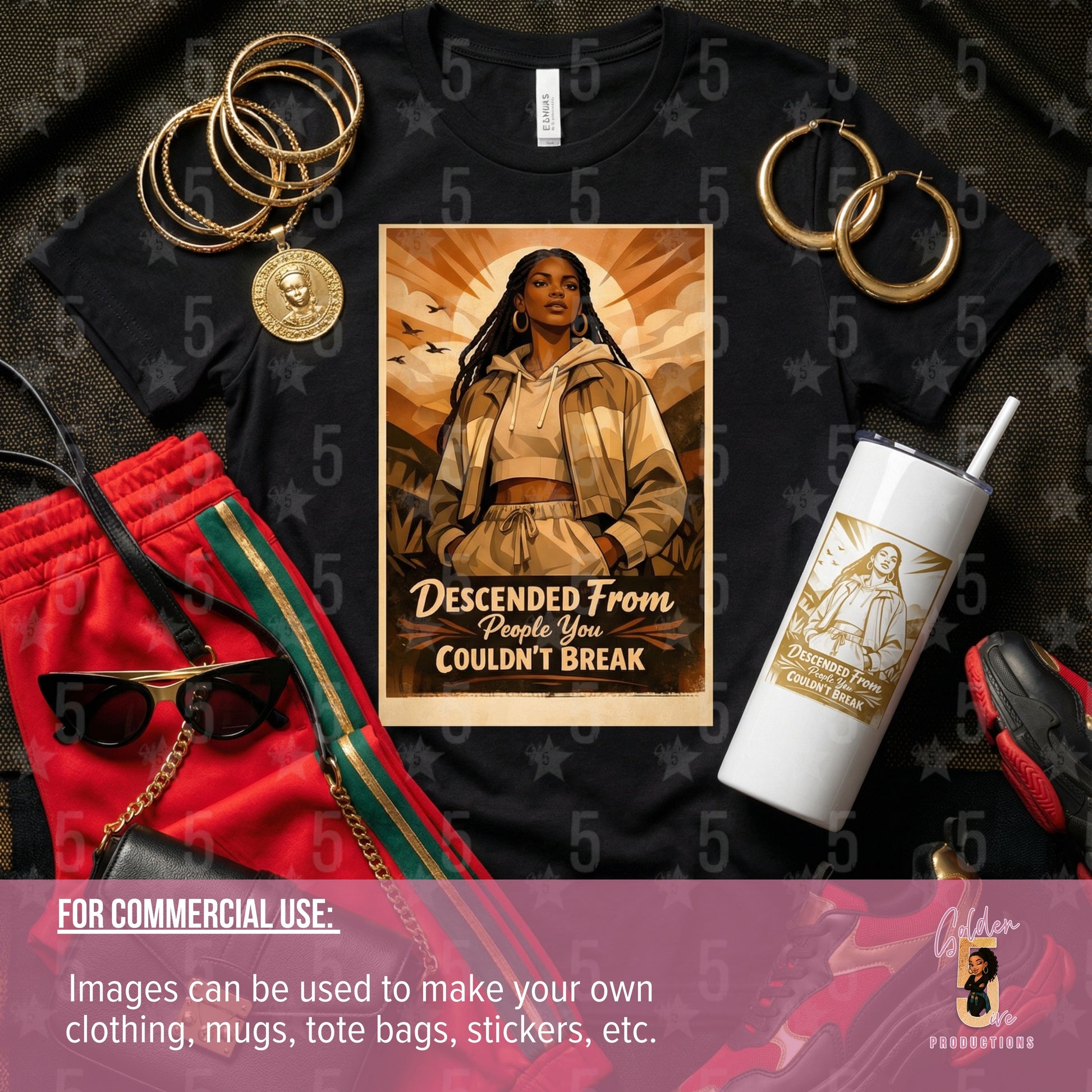 Black t-shirt with a graphic design featuring a woman and text, surrounded by accessories on a textured surface.