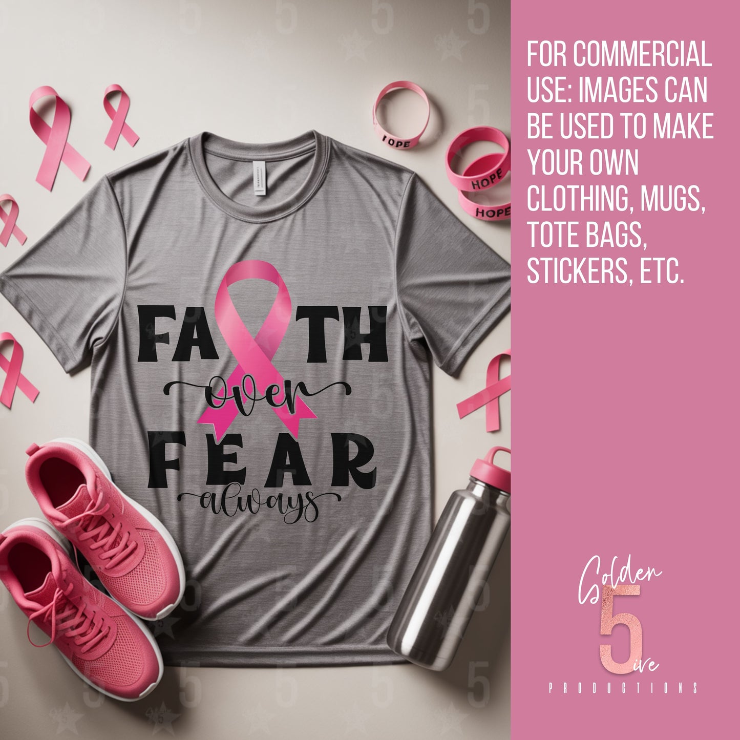 Gray t-shirt with pink ribbon and text, surrounded by pink accessories on a light background.