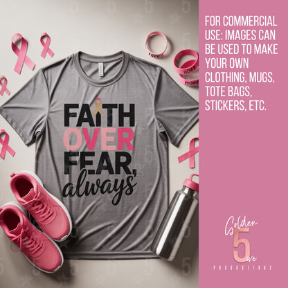 Gray t-shirt with 'Faith Over Fear, always' text, pink sneakers, and water bottle on a light surface with pink ribbons.