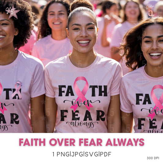 Group of people wearing pink t-shirts with a breast cancer awareness ribbon and text.
