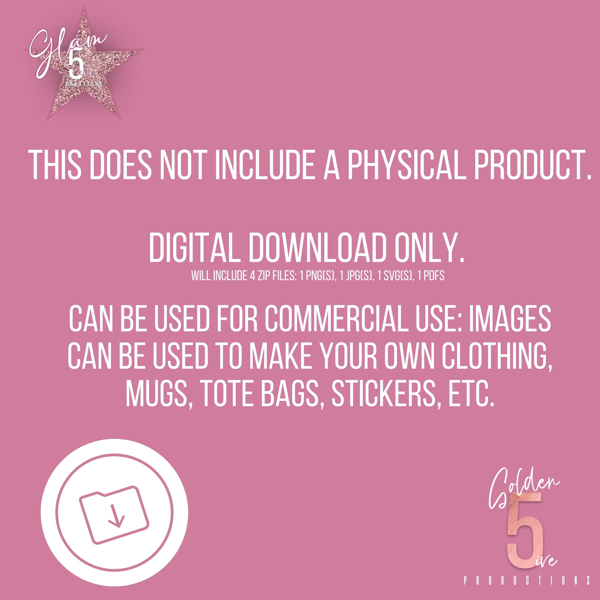 Pink background with text about a digital download and commercial use, featuring 'Golden 5' branding.