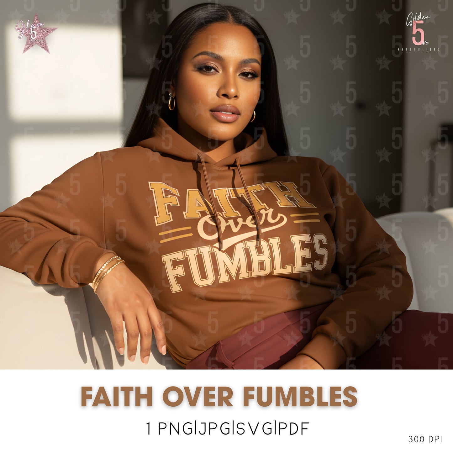 Woman wearing a brown hoodie with 'Faith Over Fumbles' text, sitting on a couch.