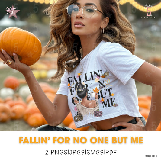 Woman holding a pumpkin with a shirt that says 'Fallin' for no one but me' in a pumpkin patch.