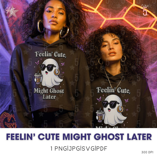 Two people wearing hoodies with a ghost graphic and text in front of a colorful geometric background.