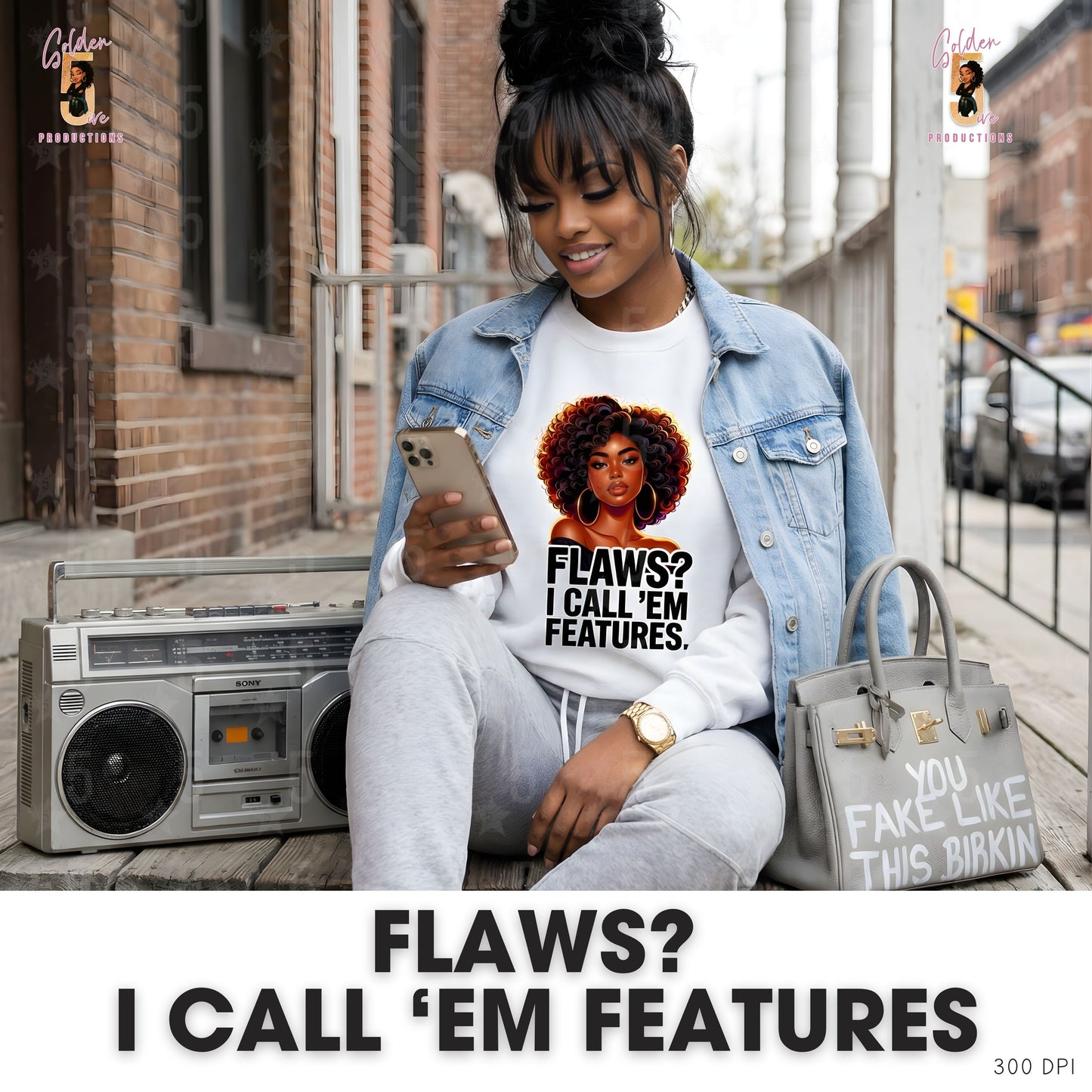 Woman sitting on a bench with a phone, wearing a shirt with a graphic and text, with a boombox and handbag in the background.