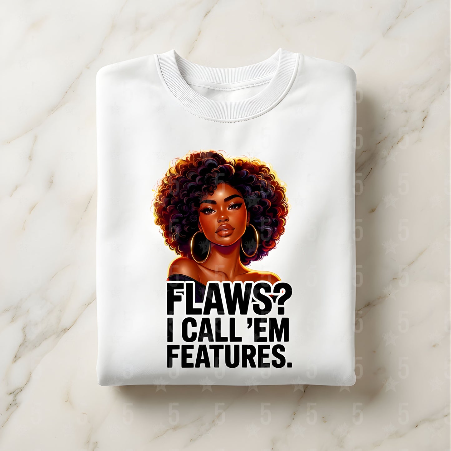 White sweatshirt with a graphic of a woman with an afro and text on a marble surface