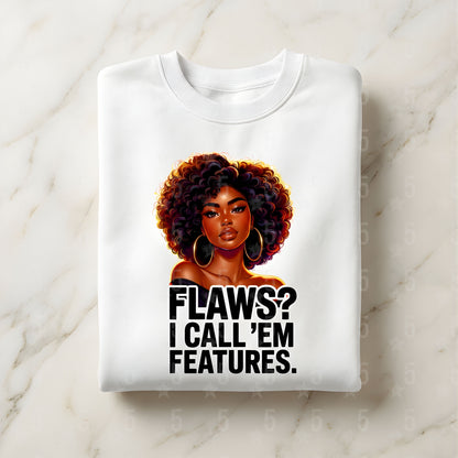 White sweatshirt with a graphic of a woman with an afro and text on a marble surface