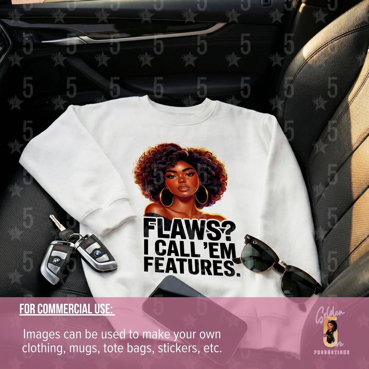 White crewneck laid flat on a luxury car seat