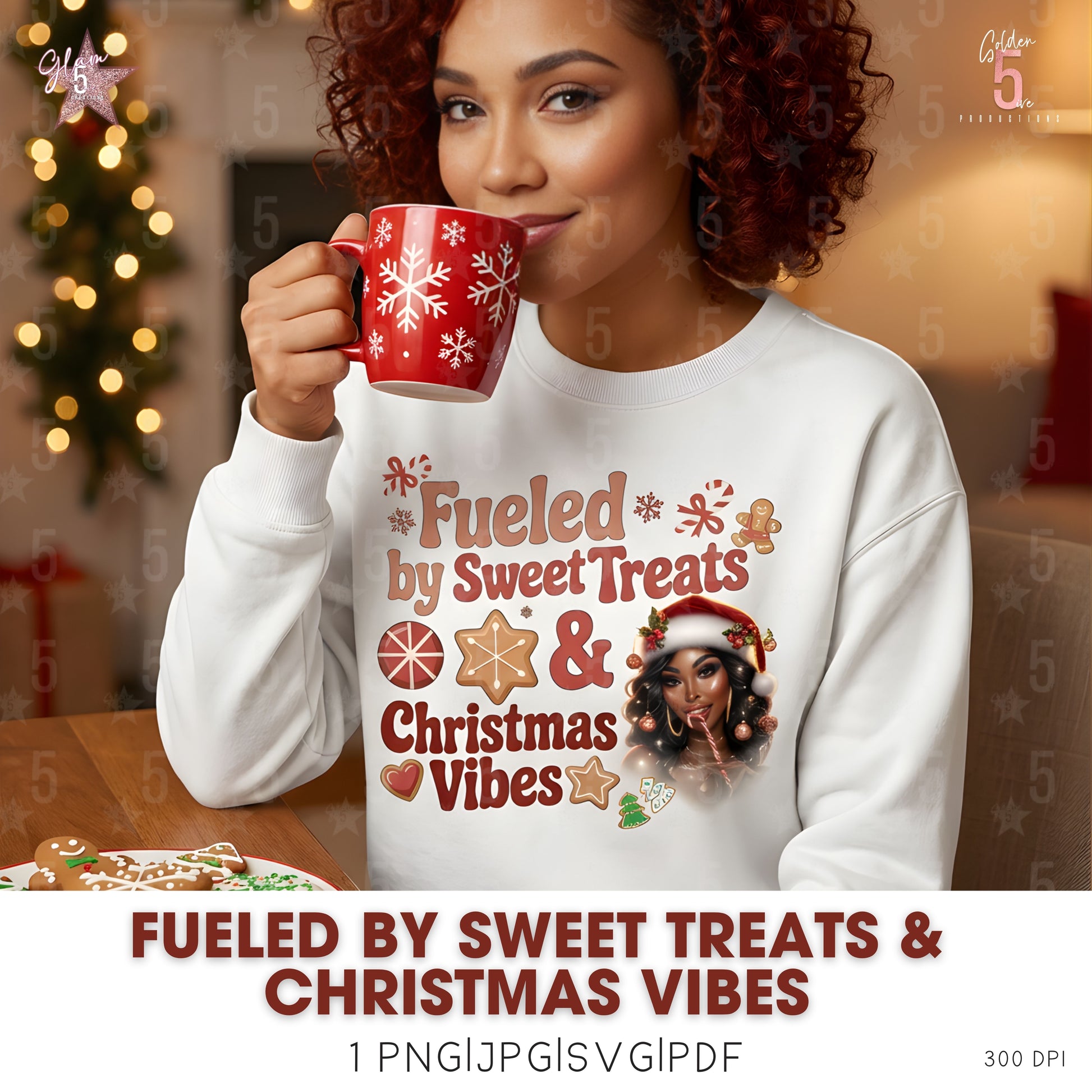 Woman wearing a festive sweatshirt with a Christmas-themed mug, surrounded by holiday decorations.