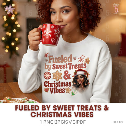 Woman wearing a festive sweatshirt with a Christmas-themed mug, surrounded by holiday decorations.
