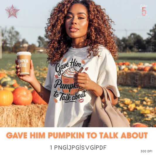 Woman holding a pumpkin spice coffee cup and shirt in a pumpkin patch