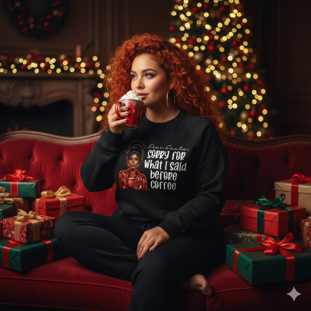Woman sitting on a red couch with Christmas decorations, holding a cup of coffee.