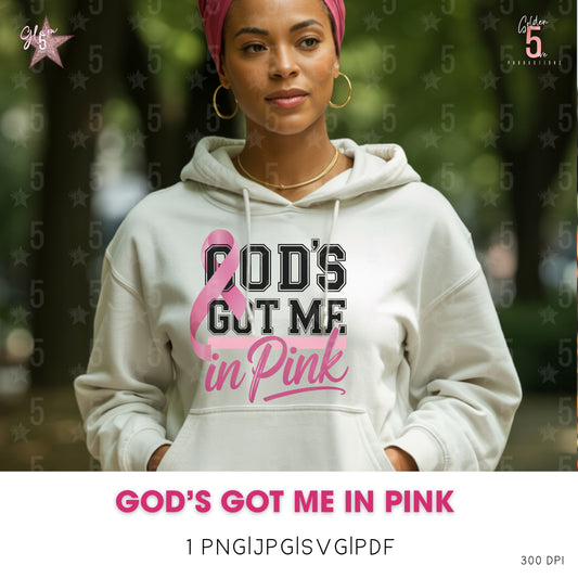 Woman wearing a hoodie with 'God's Got Me in Pink' text, standing outdoors.