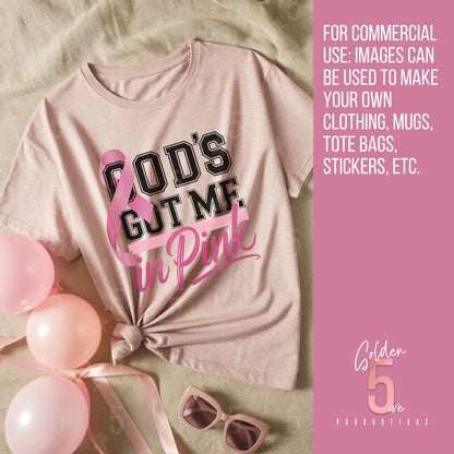 Pink t-shirt with 'God's Got Me in Pink' text, surrounded by pink balloons and sunglasses on a beige surface.
