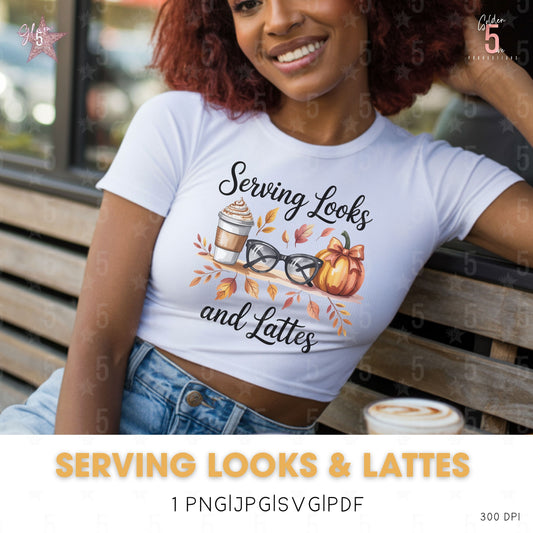 Woman wearing a white t-shirt with 'Serving Looks and Lattes' design, sitting on a bench.