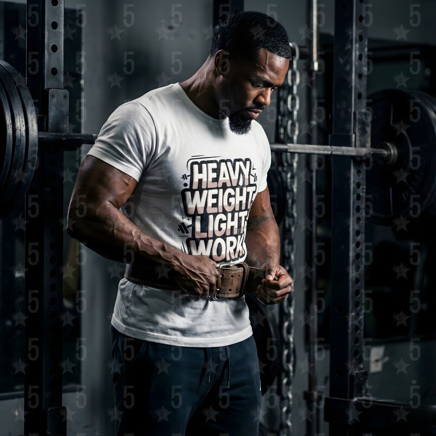 Man preparing for a lift with a weightlifting belt in a gym setting