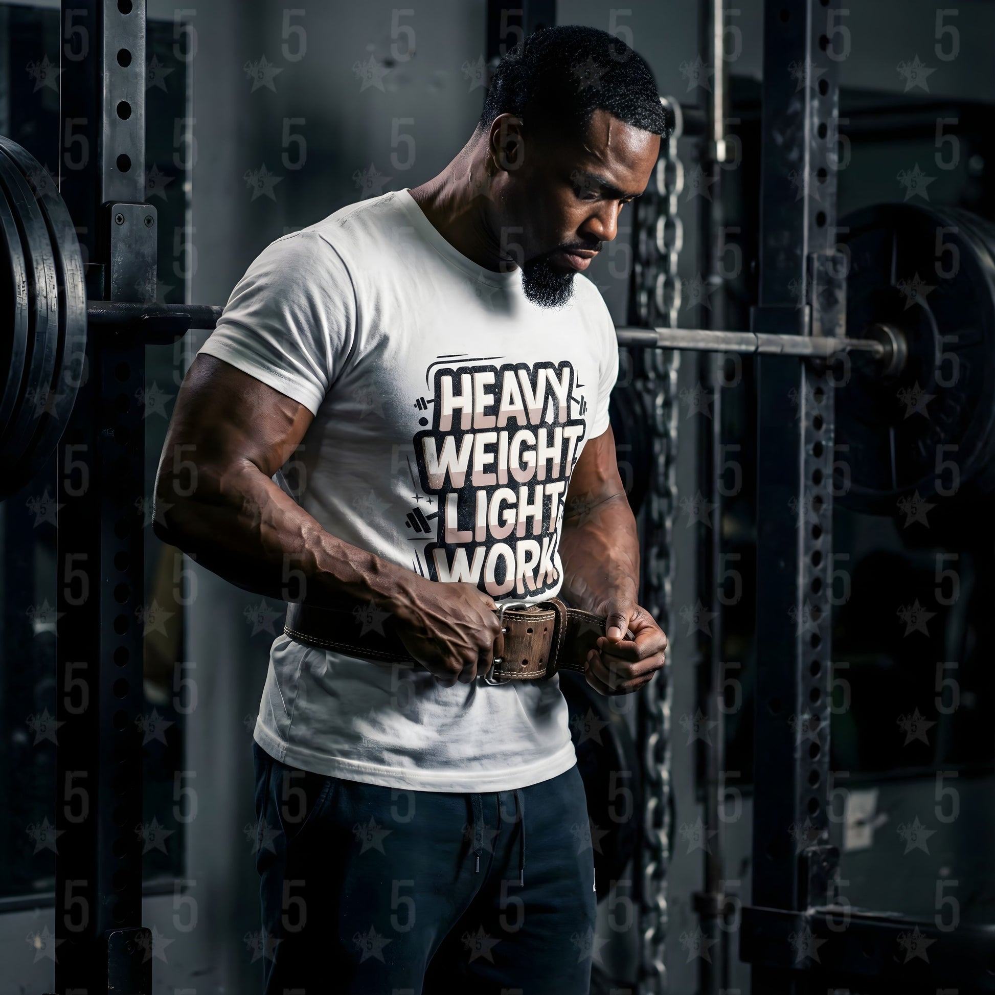 Man preparing for a lift with a weightlifting belt in a gym setting