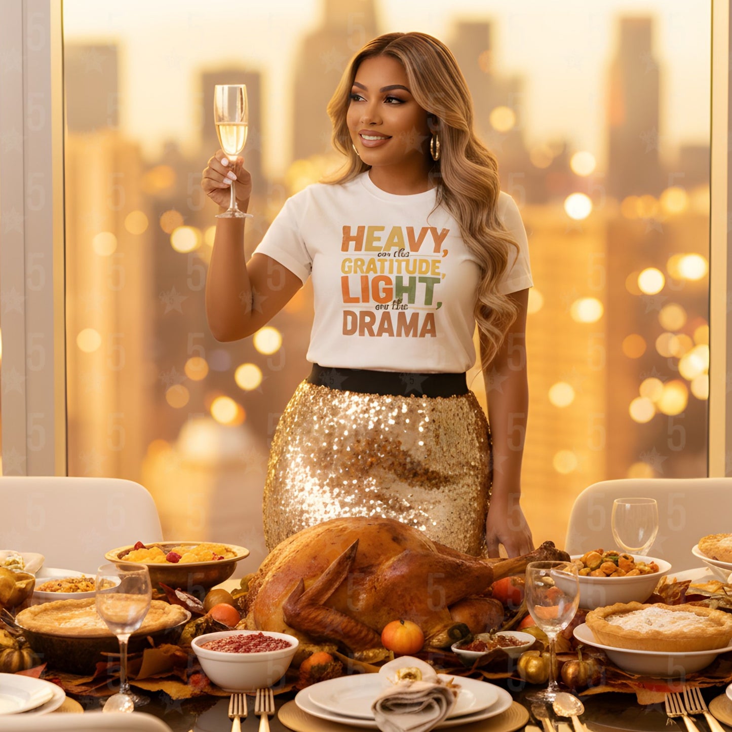 Woman in a 'Heavy is the Gratitude, Light is Drama' t-shirt standing by a table with a roasted turkey and other dishes, holding a glass of champagne.