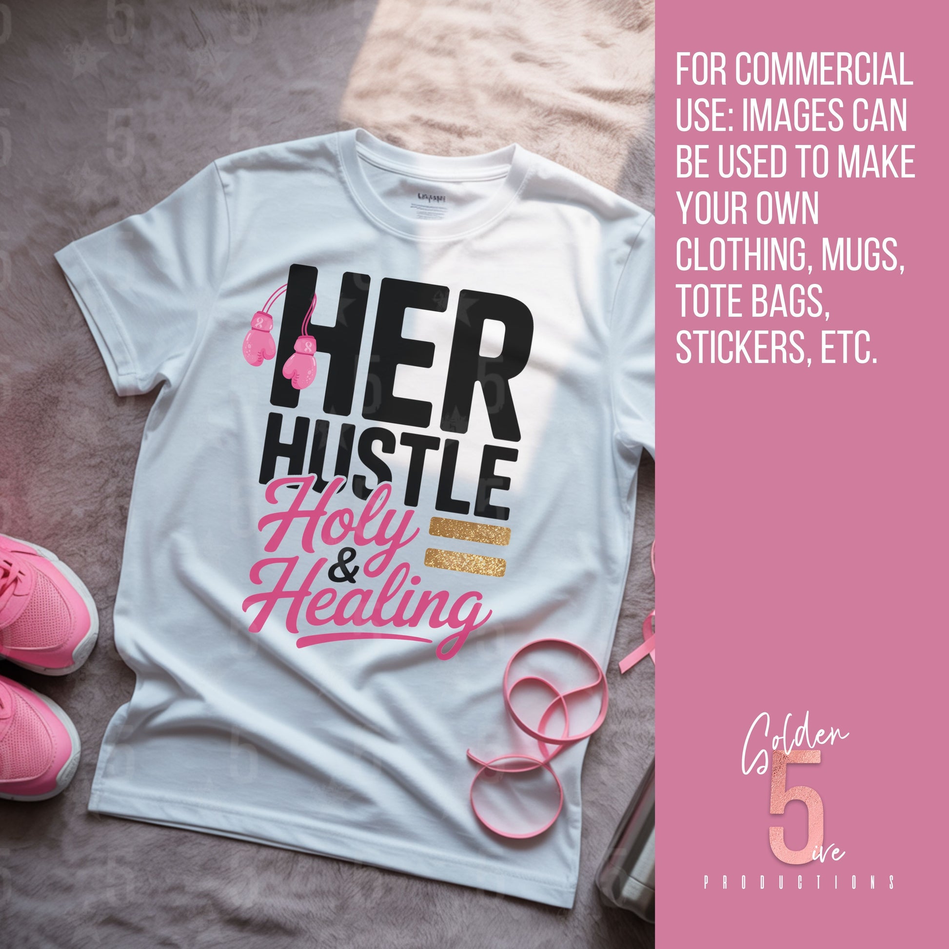 White t-shirt with 'HER HUSTLE Holy & Healing' text on a textured surface with pink shoes and ribbons.