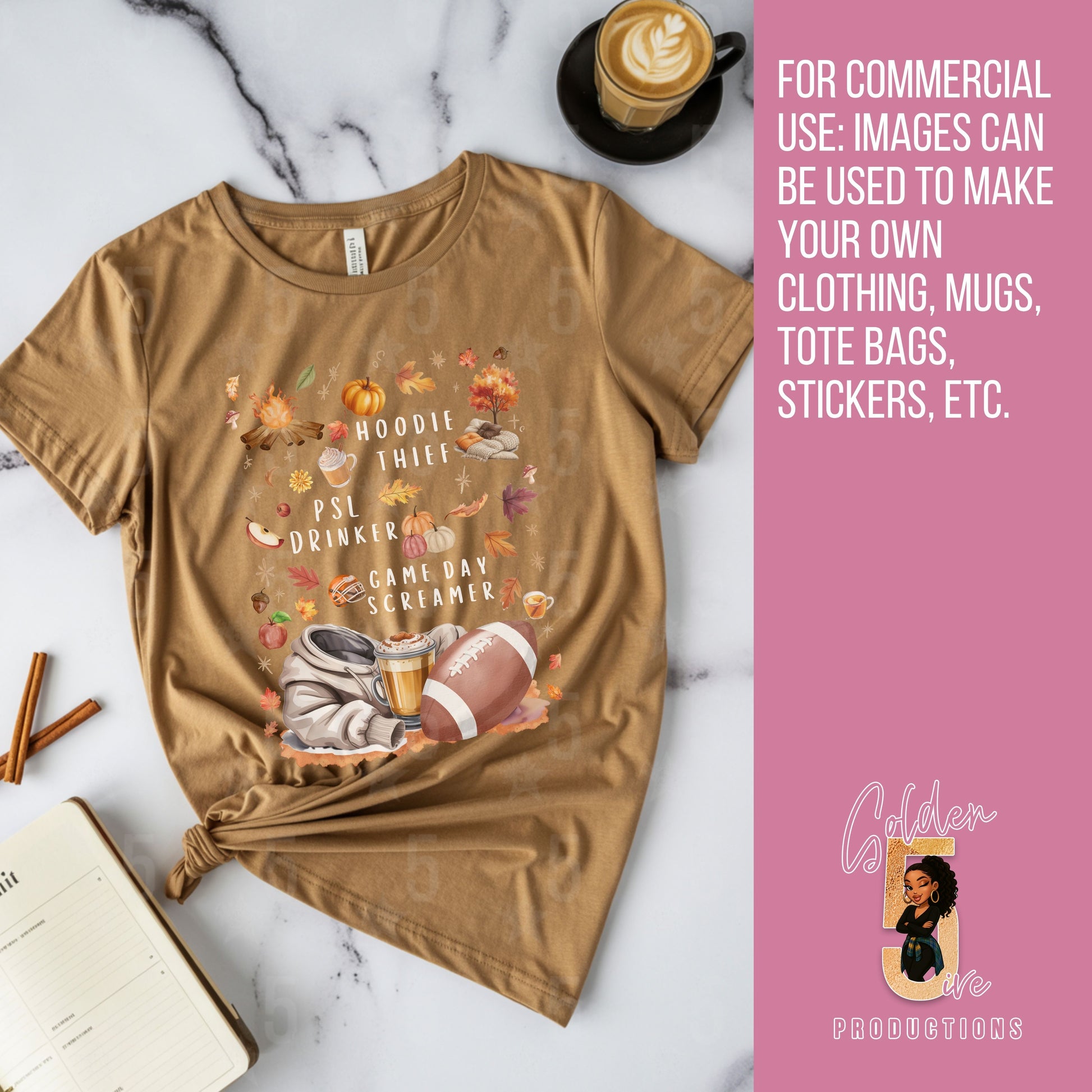 Brown t-shirt with graphic design on a marble surface with coffee and cinnamon sticks.