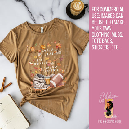 Brown t-shirt with graphic design on a marble surface with coffee and cinnamon sticks.