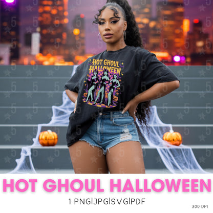 black girl in jean shorts and an oversized black tee on stairs with halloween decor
