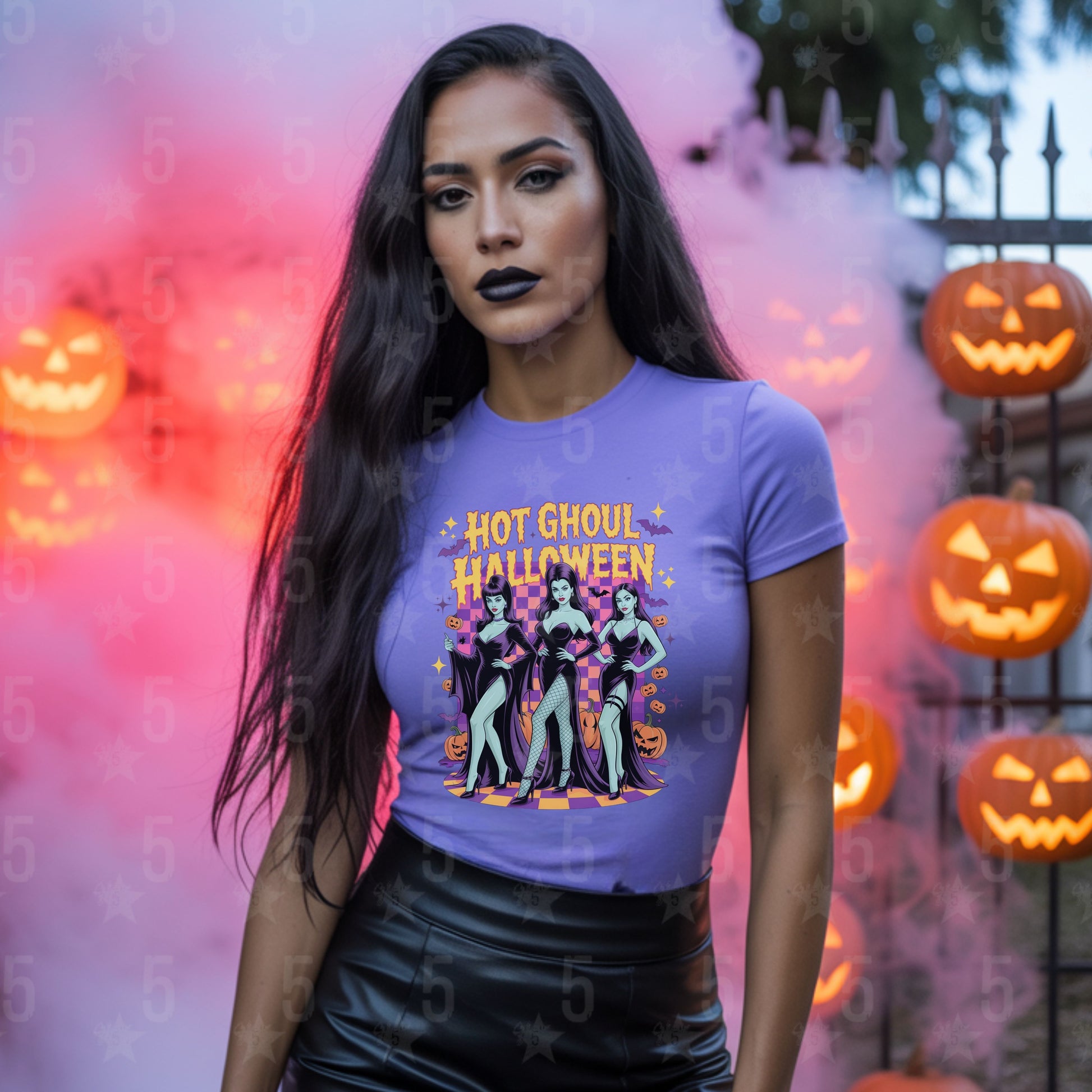 latina woman in lavender shirt and leather skirt in front of an iron gate decorated with  pumpkins