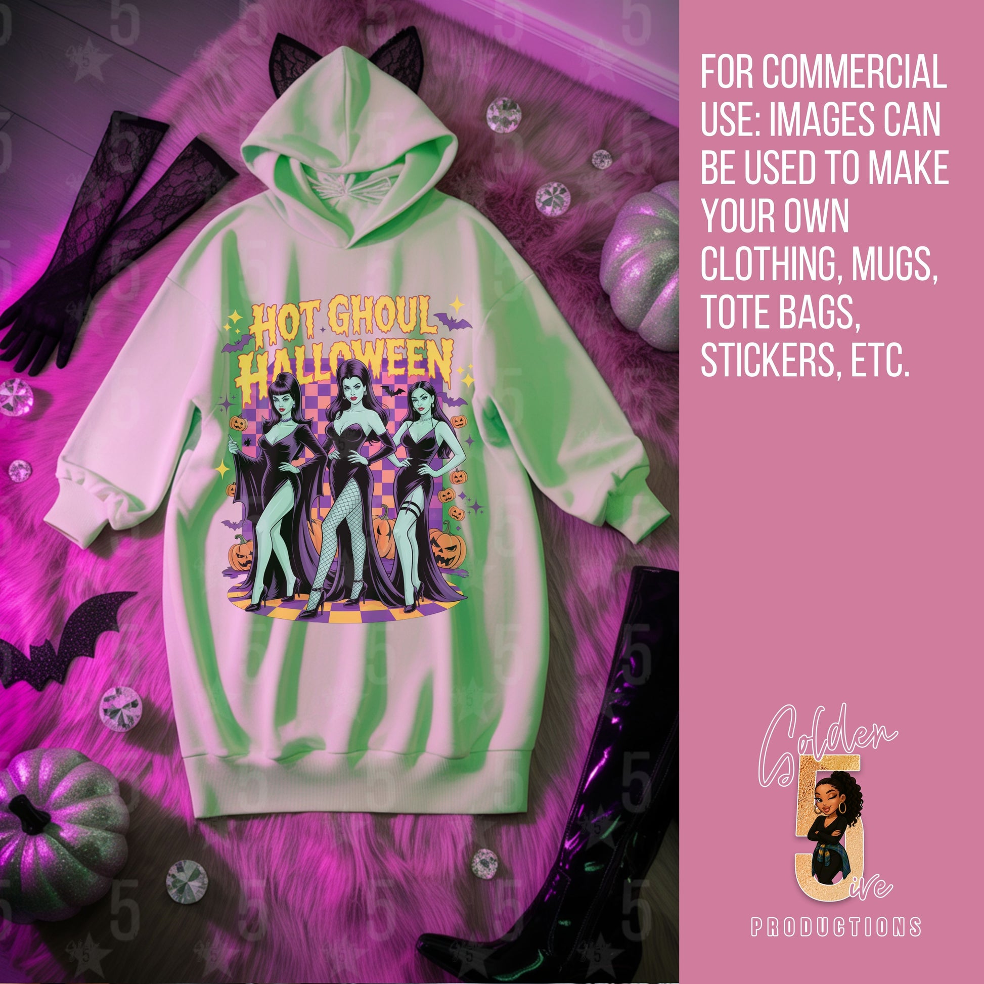 Green and white hoodie with Halloween design on a pink background