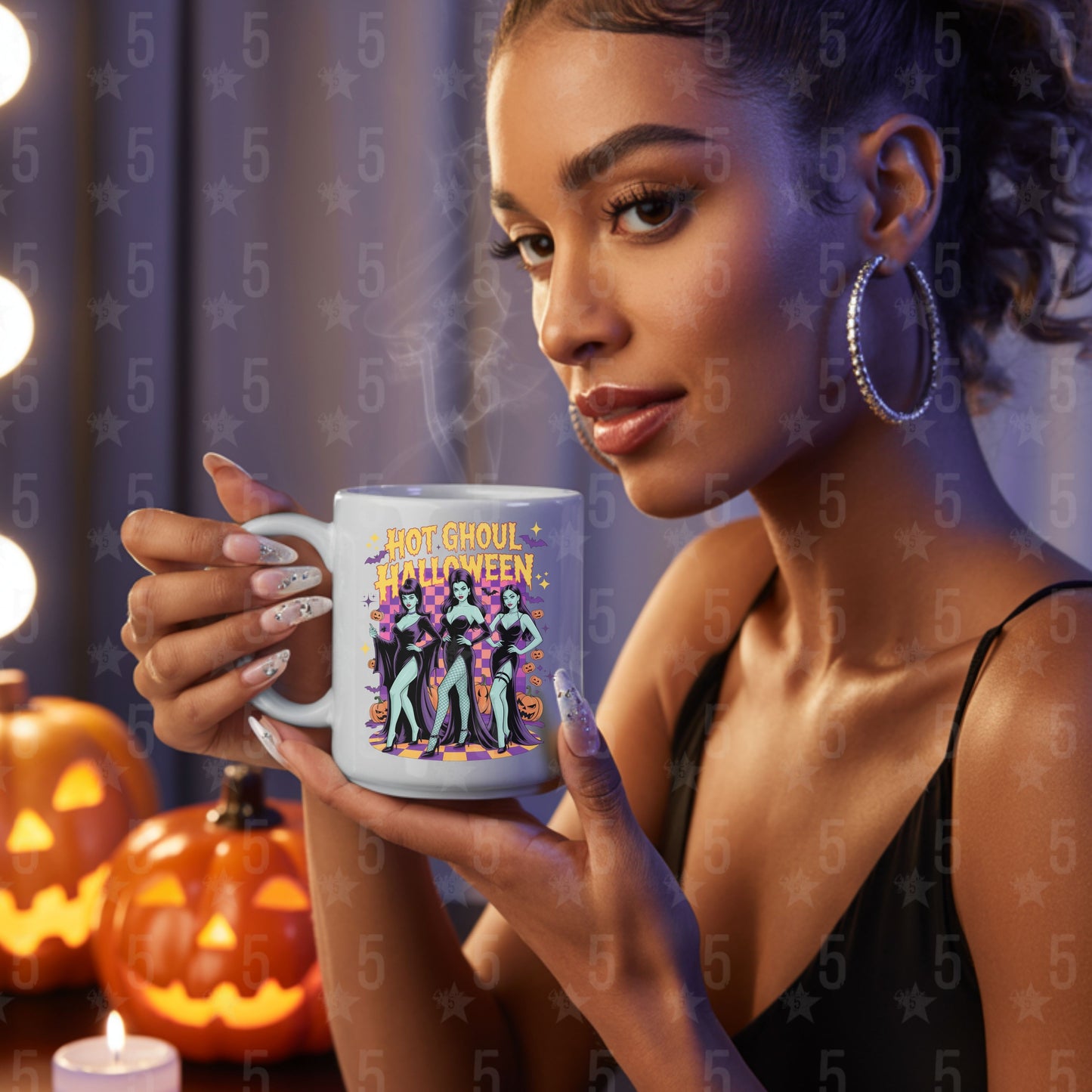 Woman holding a Halloween-themed mug with pumpkins and candles in the background