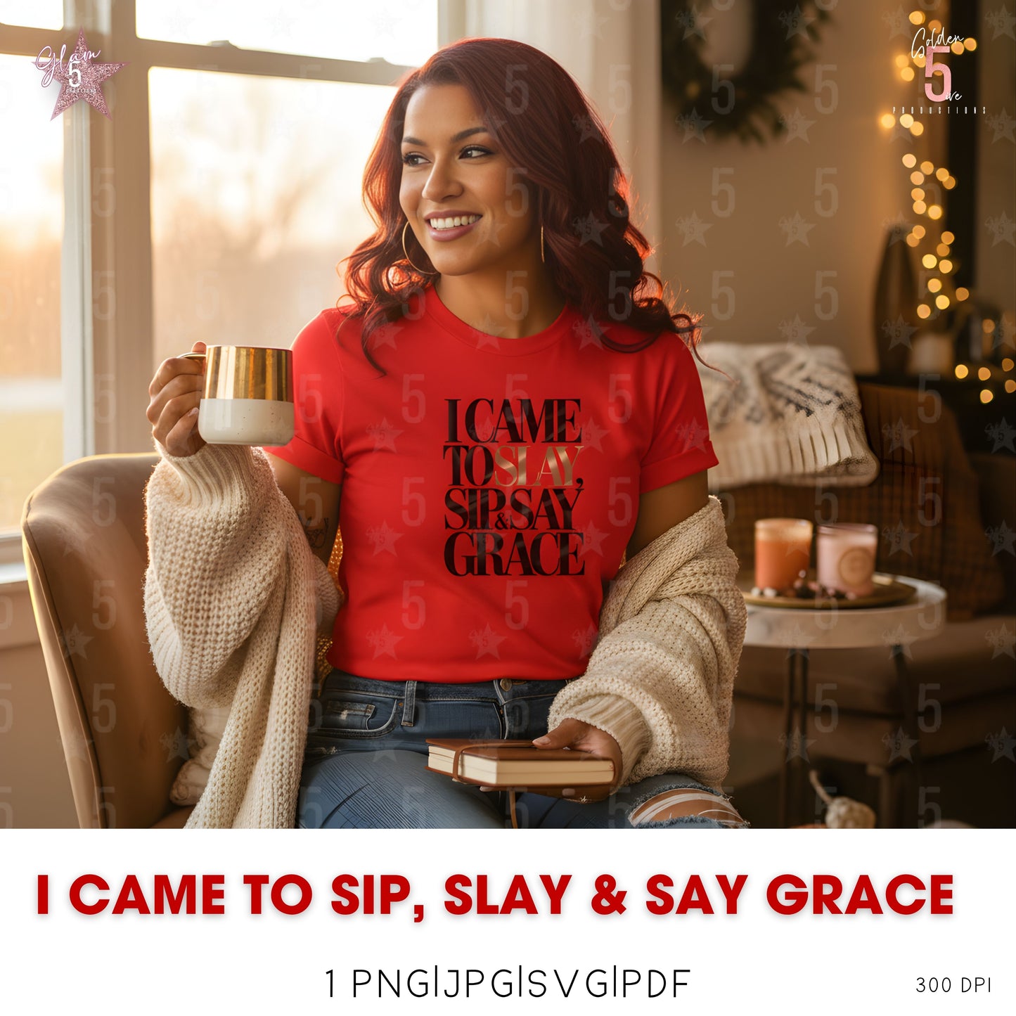 Woman in a cozy room holding a mug and a book, wearing a red shirt with text, with decorative elements.
