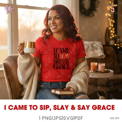 Woman in a cozy room holding a mug and a book, wearing a red shirt with text, with decorative elements.