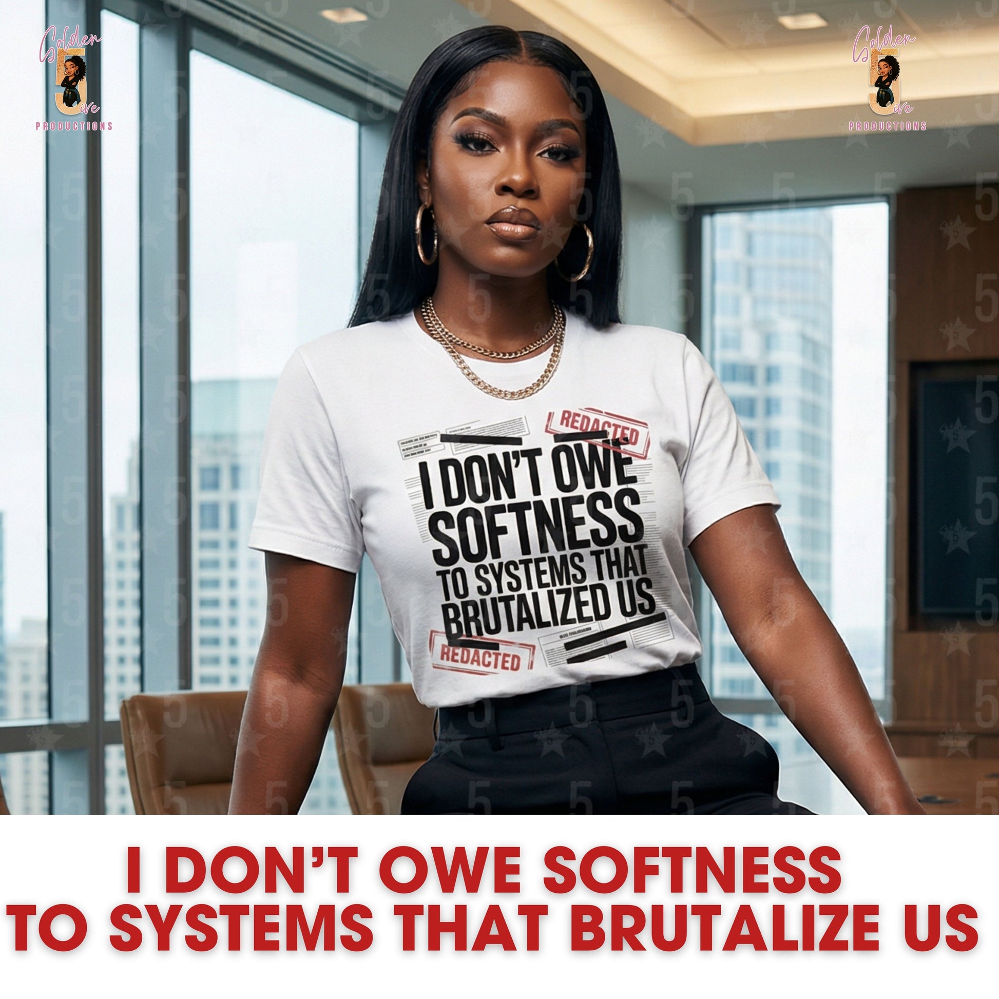 Woman wearing a t-shirt with a message in an office setting