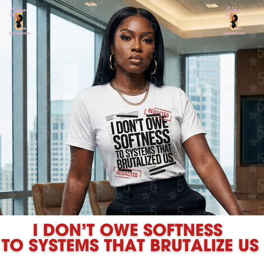 Woman wearing a t-shirt with a message in an office setting