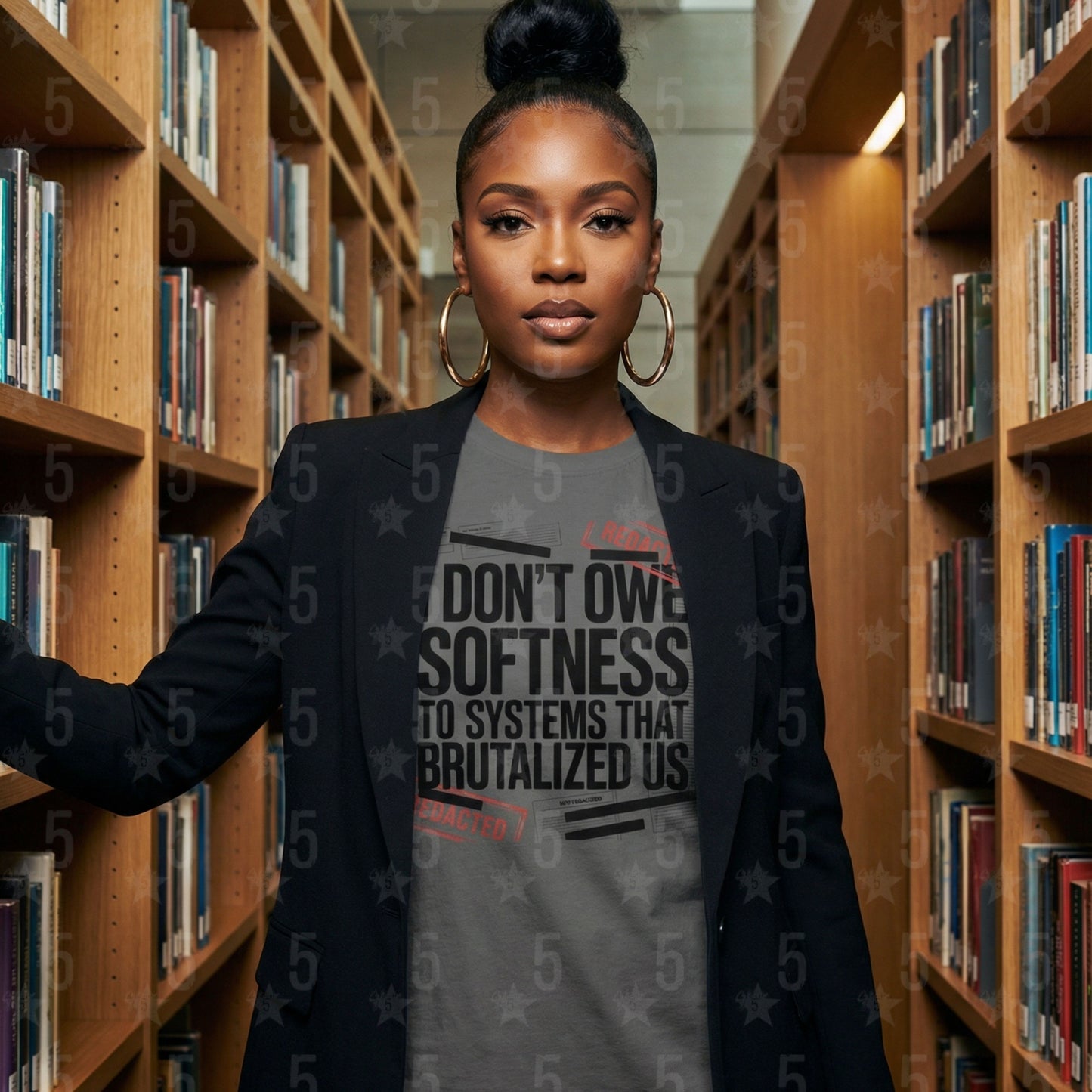 Woman standing in a library wearing a shirt with a message.