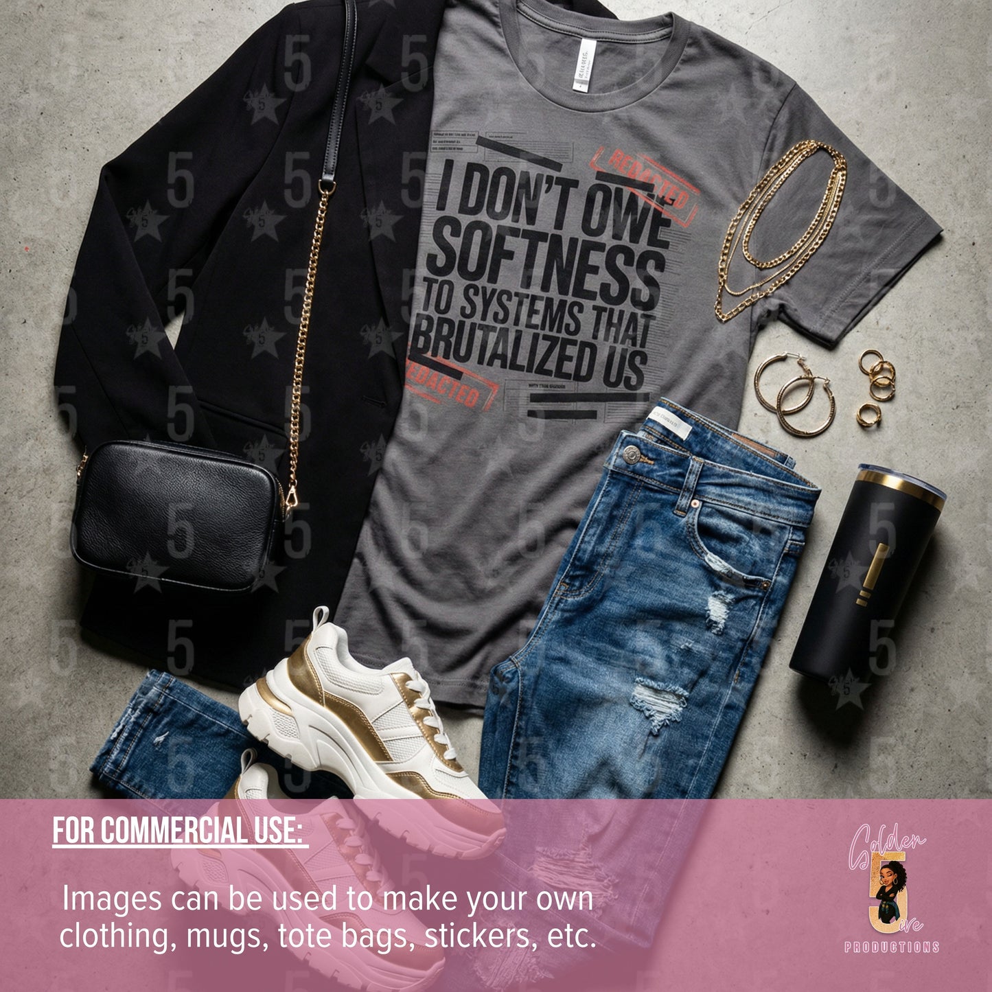 Gray t-shirt with text, jeans, sneakers, black bag, and black tumbler on a gray surface.
