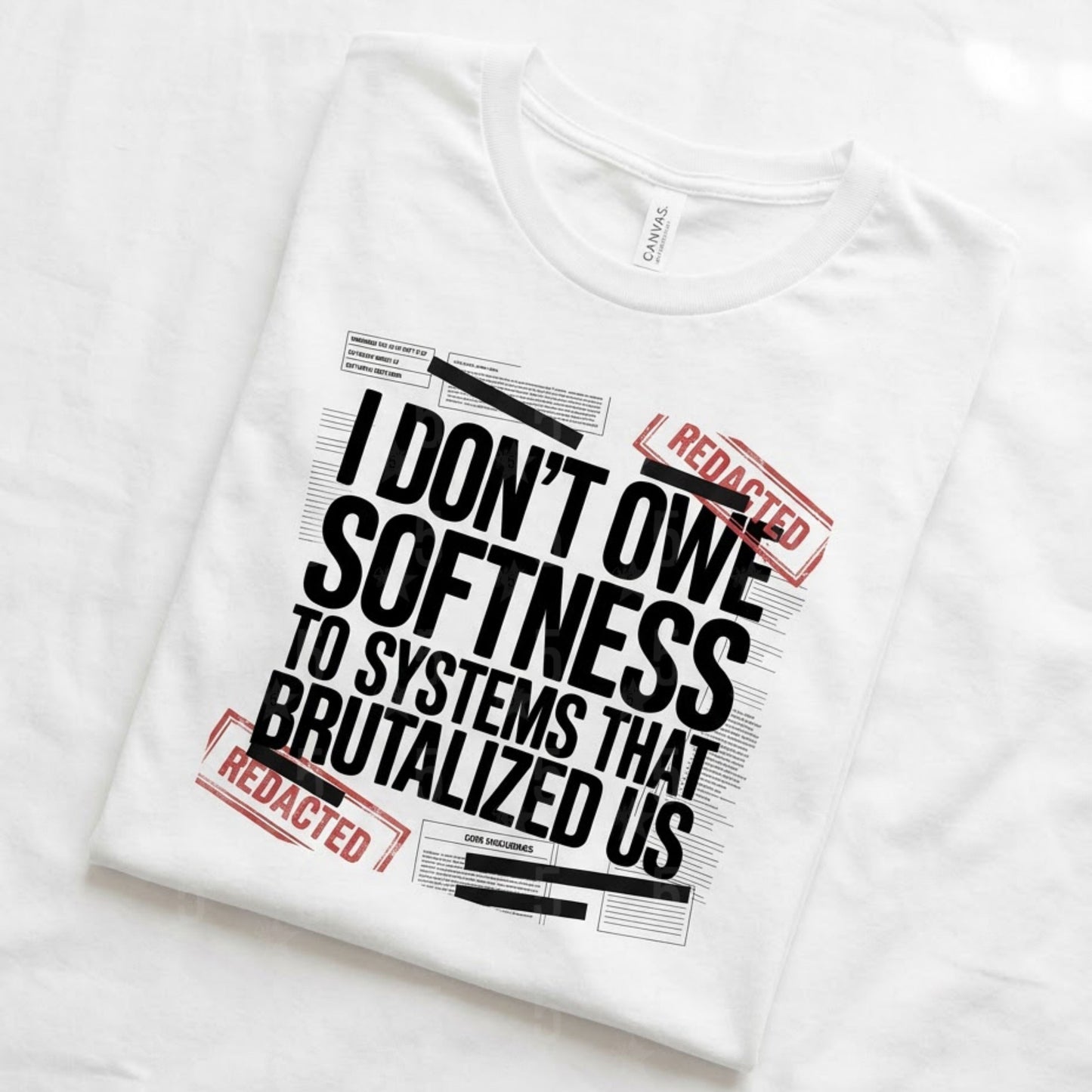 White t-shirt with black and red text on a white background