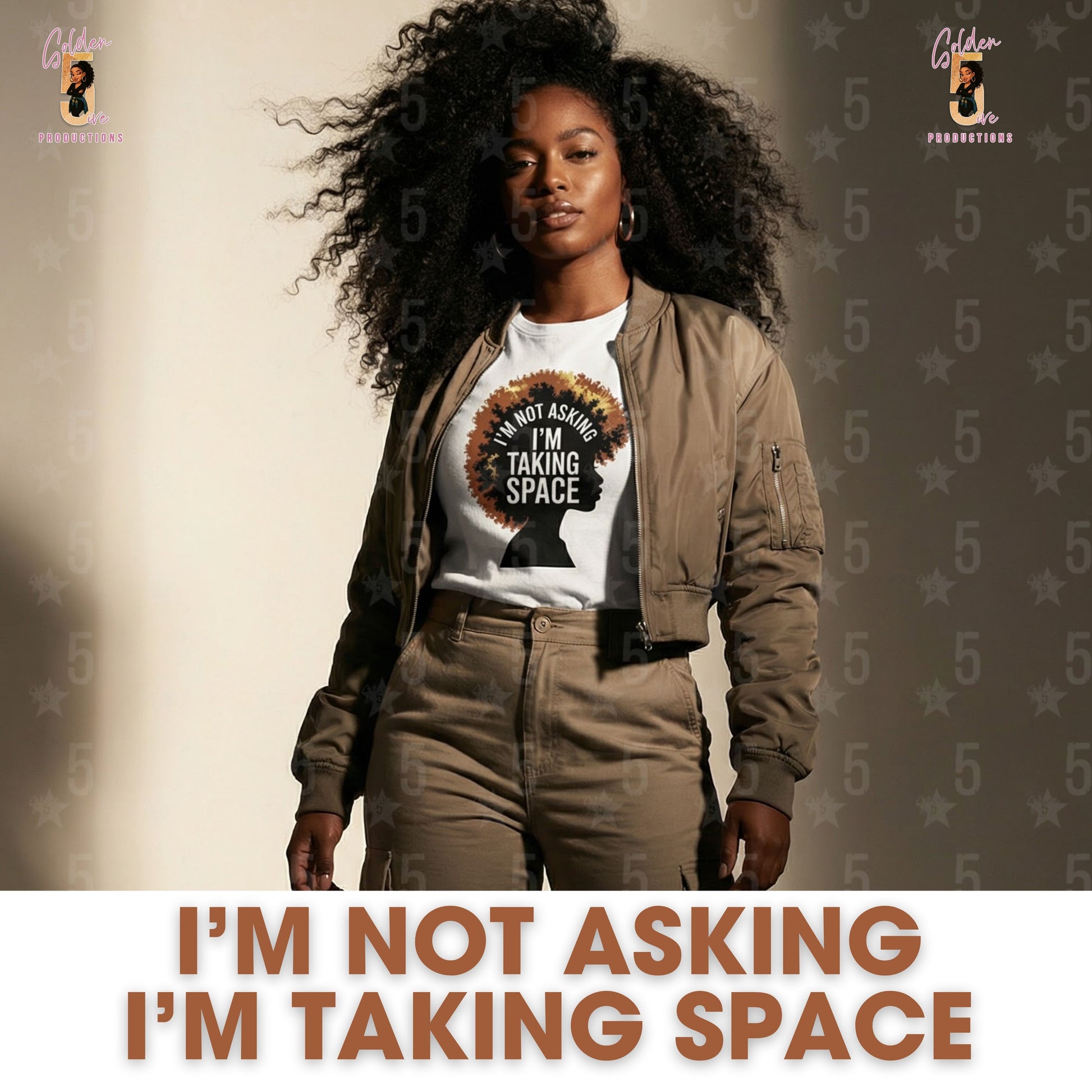 Woman wearing a shirt with 'I'm not asking, I'm taking space' text against a star-patterned background