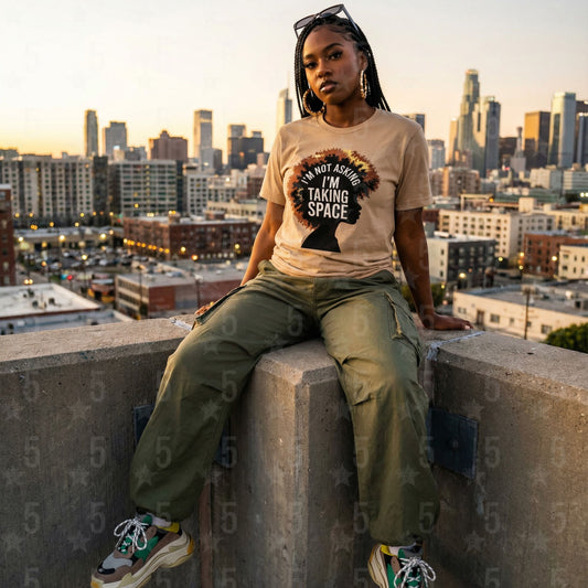 Person sitting on a ledge with a cityscape in the background