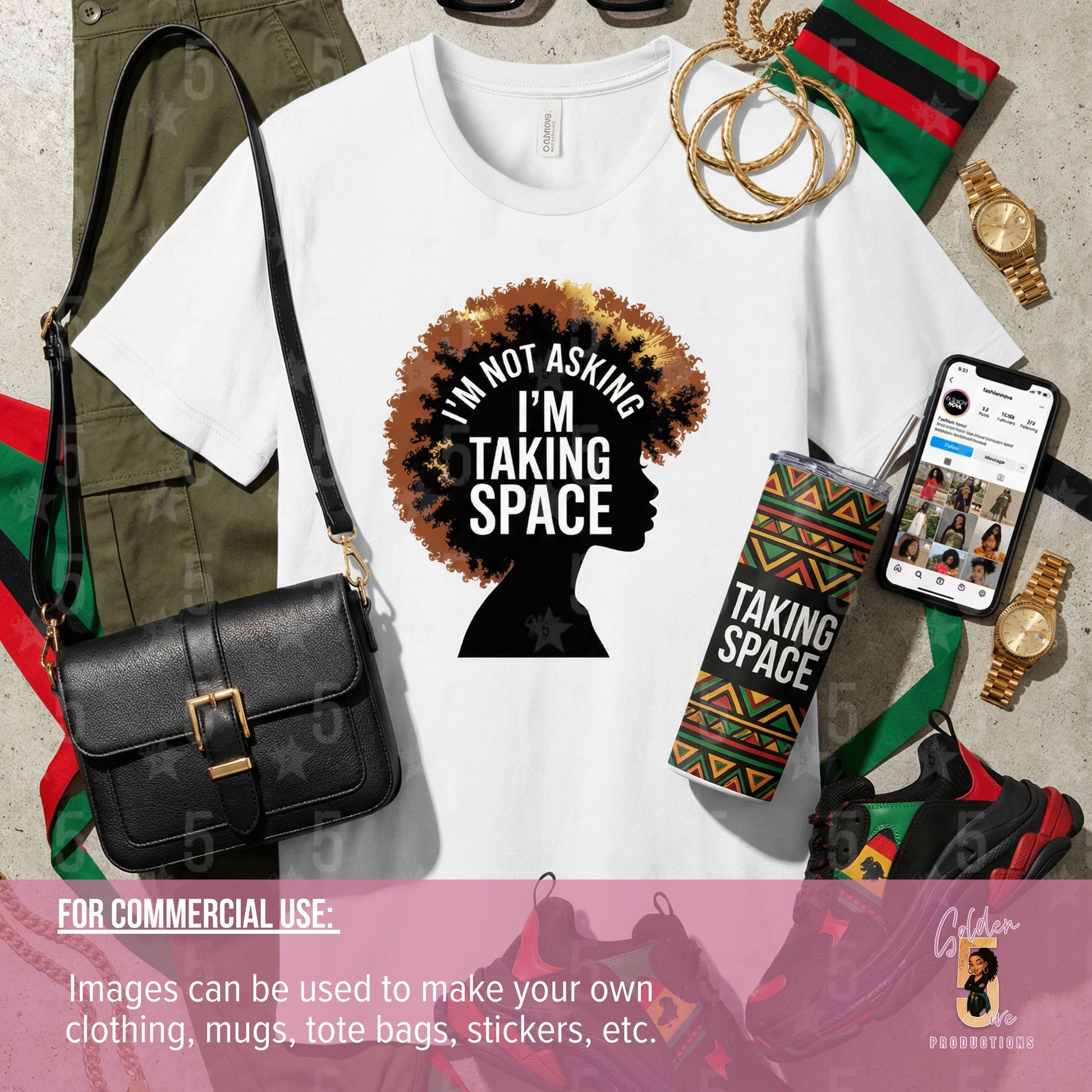 White t-shirt with 'I'm not asking, I'm taking space' design, black handbag, phone, and accessories on a gray surface.