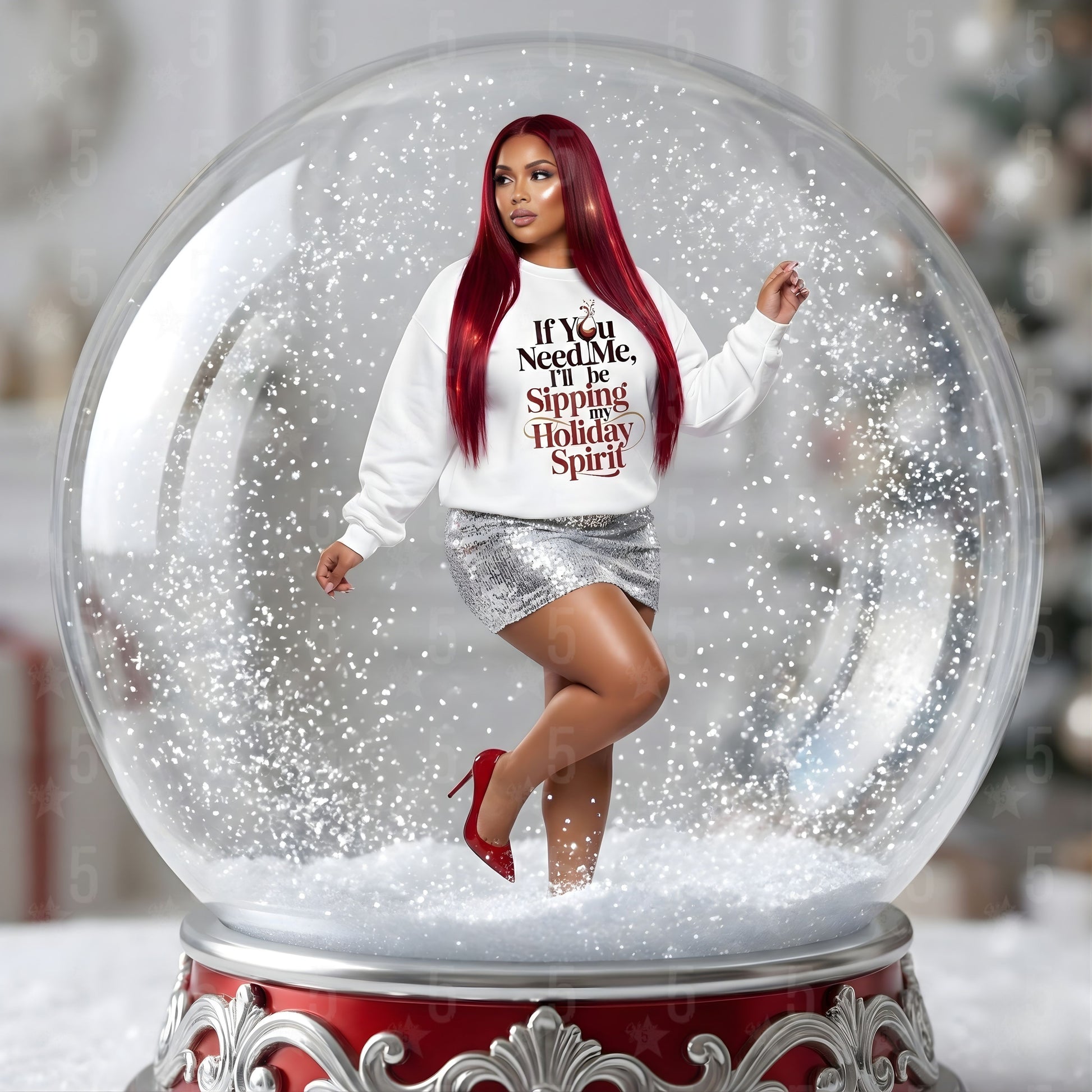 Woman in a snow globe with a festive sweater and red high heels.